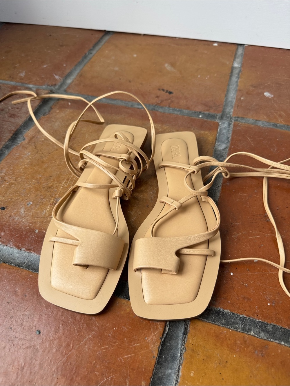 Zara Tan Square-Toe Lace-Up Leather Sandals 6.5